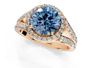 Halo Engagement Ring Setting for Fancy Blue Round Cut Center with Narrow Pave Split Shank and Prong Head in Rose Gold