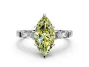 3 Stone Engagement Ring Setting for Fancy Yellow Marquise Center with Tapered Baguettes, Plain Band and Prong Head in White Gold