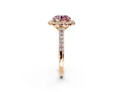 Halo Engagement Ring Setting for Fancy Pink Round Cut Center with Raised Halo, Pave Band and Prong Head in Rose Gold