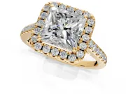Halo Engagement Ring Setting for Princess Cut Center with Narrowing Pave Band and Prong Head in Yellow Gold