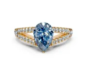 Solitaire Engagement Ring Setting for Fancy Blue Pear-Shaped Center with Pave Split Shank and Prong Head in Yellow Gold