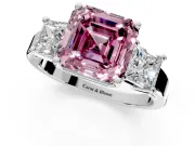3 Stone Engagement Ring Setting for Fancy Pink Asscher Cut Center with Matching Side Accents and Prong Head in Platinum