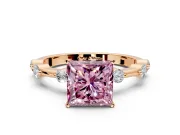 Solitaire Engagement Ring Setting for Fancy Pink Princess Cut Center with Bezel Station Band and Prong Head in Rose Gold