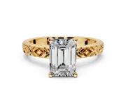 Solitaire Engagement Ring Setting for Emerald Cut Center with Milgrain X Pattern Band and Prong Head in Yellow Gold