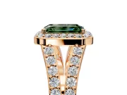 Halo Engagement Ring Setting for Fancy Green Emerald Cut Center with Narrow Pave Split Shank and Prong Head in Rose Gold