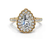 Milgrain Floral Halo Engagement Ring Setting for Pear-Shaped Center with Pave Band and Prong Head in Yellow Gold