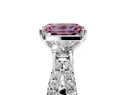 3 Stone Engagement Ring Setting for Fancy Pink Emerald Cut Center with Pave Split Shank and Prong Head in Platinum