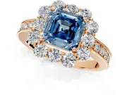 Halo Engagement Ring Setting for Fancy Blue Asscher Cut Center with Milgrain Channel Band and Prong Head in Rose Gold