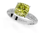 Solitaire Engagement Ring Setting for Fancy Yellow Cushion Cut Center with Domed Multi-Row Pave Band and Prong Head in Platinum
