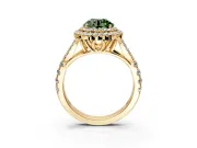 Double Halo Engagement Ring Setting for Fancy Green Round Cut Center with Narrow Pave Split Shank and Prong Head in Yellow Gold