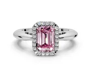 Halo Engagement Ring Setting for Fancy Pink Emerald Cut Center with Tapered Plain Band and Prong Head in Platinum