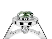 Halo Engagement Ring Setting for Fancy Green Oval Center with Outer Bezel Rim, Pave Band and Prong Head in Sterling Silver