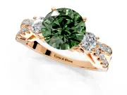 3 Stone Engagement Ring Setting for Fancy Green Round Cut Center with Pave Split Shank and Prong Head in Rose Gold