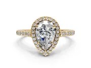 Halo Engagement Ring Setting for Pear-Shaped Center with Pave Accents, Heart Basket and Prong Head in Yellow Gold