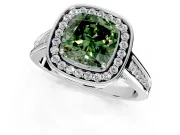 Halo Engagement Ring Setting for Fancy Green Cushion Cut Center with Outer Bezel Rim, Pave Band and Prong Head in White Gold