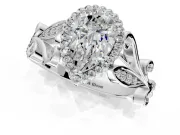 Halo Engagement Ring Setting for Pear-Shaped Center with Leaf Motif Split Shank and Prong Head in Platinum