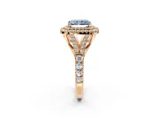 Double Halo Engagement Ring Setting for Fancy Blue Radiant Cut Center with Narrow Pave Split Shank and Prong Head in Rose Gold