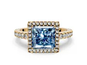 Accent Halo Engagement Ring Setting for Fancy Blue Princess Cut Center with Full-Length Pave Band and Prong Head in Yellow Gold