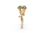 Halo Engagement Ring Setting for Fancy Green Pear-Shaped Center with Leaf Motif Split Shank and Prong Head in Yellow Gold