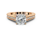 Solitaire Engagement Ring Setting for Cushion Cut Center with Engraved Pave Band and Prong Head in Rose Gold