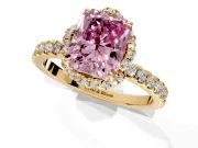 Halo Engagement Ring Setting for Fancy Pink Radiant Cut Center with Openwork Halo, Pave Band and Prong Head in Yellow Gold