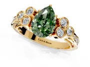 Cluster Engagement Ring Setting for Fancy Green Pear-Shaped Center with Bezel Accent Clusters and Prong Head in Yellow Gold