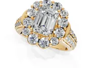 Large Accent Halo Engagement Ring Setting for Emerald Cut Center with Pave Split Shank and Prong Head in Yellow Gold