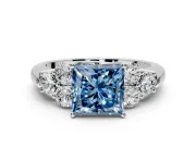 Cluster Engagement Ring Setting for Fancy Blue Princess Cut Center with Round Cut Accent Frame and Prong Head in Sterling Silver