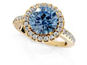 Pave Halo Engagement Ring Setting for Fancy Blue Round Cut Center with Single Row Pave Band and Prong Head in Yellow Gold