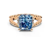 Halo Engagement Ring Setting for Fancy Blue Radiant Cut Center with Rope Twist Split Shank and Prong Head in Rose Gold