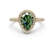 Halo Engagement Ring Setting for Fancy Green Pear-Shaped Center with Pave Accents, Heart Basket and Prong Head in Yellow Gold