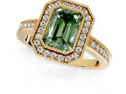 Halo Engagement Ring Setting for Fancy Green Emerald Cut Center with Milgrain Halo, Pave Band and Prong Head in Yellow Gold