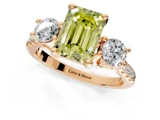 3 Stone Engagement Ring Setting for Fancy Yellow Emerald Cut Center with Crossover Basket, Pave Band and Prong Head in Rose Gold