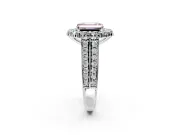 Large Accent Halo Engagement Ring Setting for Fancy Pink Emerald Cut Center with Pave Split Shank and Prong Head in Sterling Silver