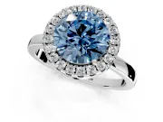 Halo Engagement Ring Setting for Fancy Blue Round Cut Center with Thin Plain Band and Prong Head in White Gold