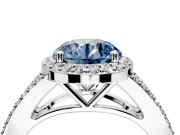 Halo Engagement Ring Setting for Fancy Blue Round Cut Center with Pave Split Shank and Prong Head in White Gold