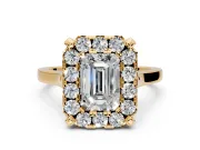 Single Halo Engagement Ring Setting for Emerald Cut Center with Corner Claws, Plain Band and Prong Head in Yellow Gold