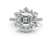 Floral Halo Engagement Ring Setting for Asscher Cut Center with Pave Accents and Prong Head in White Gold