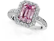 Halo Engagement Ring Setting for Fancy Pink Emerald Cut Center with Heart-Shaped Openwork, Pave Band and Prong Head in Platinum