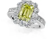 Halo Engagement Ring Setting for Fancy Yellow Emerald Cut Center with Milgrain Channel Band and Prong Head in Platinum