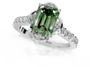Floral Engagement Ring Setting for Fancy Green Emerald Cut Center with Pave Band and Floral Prong Head in White Gold