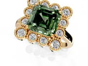 Cluster Halo Engagement Ring Setting for Fancy Green Asscher Cut Center with Milgrain Bezel Accents and Prong Head in Yellow Gold