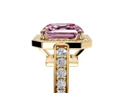 Bezel-Framed Halo Engagement Ring Setting for Fancy Pink Asscher Cut Center with Pave Band and Prong Head in Yellow Gold