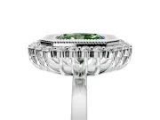 Halo Engagement Ring Setting for Fancy Green Radiant Cut Center with Milgrain Bezel Rim, Plain Band and Prong Head in Platinum