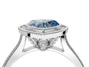 Halo Engagement Ring Setting for Fancy Blue Heart-Shaped Center with Milgrain Pave Band and Bezel Head in Platinum