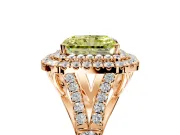 Double Halo Engagement Ring Setting for Fancy Yellow Radiant Cut Center with Narrow Pave Split Shank and Prong Head in Rose Gold