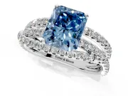 Solitaire Engagement Ring Setting for Fancy Blue Radiant Cut Center with Woven 3-Strand Pave Band and Prong Head in Platinum