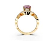 Halo Engagement Ring Setting for Fancy Pink Round Cut Center with Pave Infinity Twist Band and Prong Head in Yellow Gold