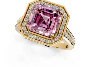 Halo Engagement Ring Setting for Fancy Pink Asscher Cut Center with Outer Bezel Rim, Pave Band and Prong Head in Yellow Gold