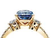 3 Stone Engagement Ring Setting for Fancy Blue Radiant Cut Center with Round Cut Side Accents and Prong Head in Yellow Gold